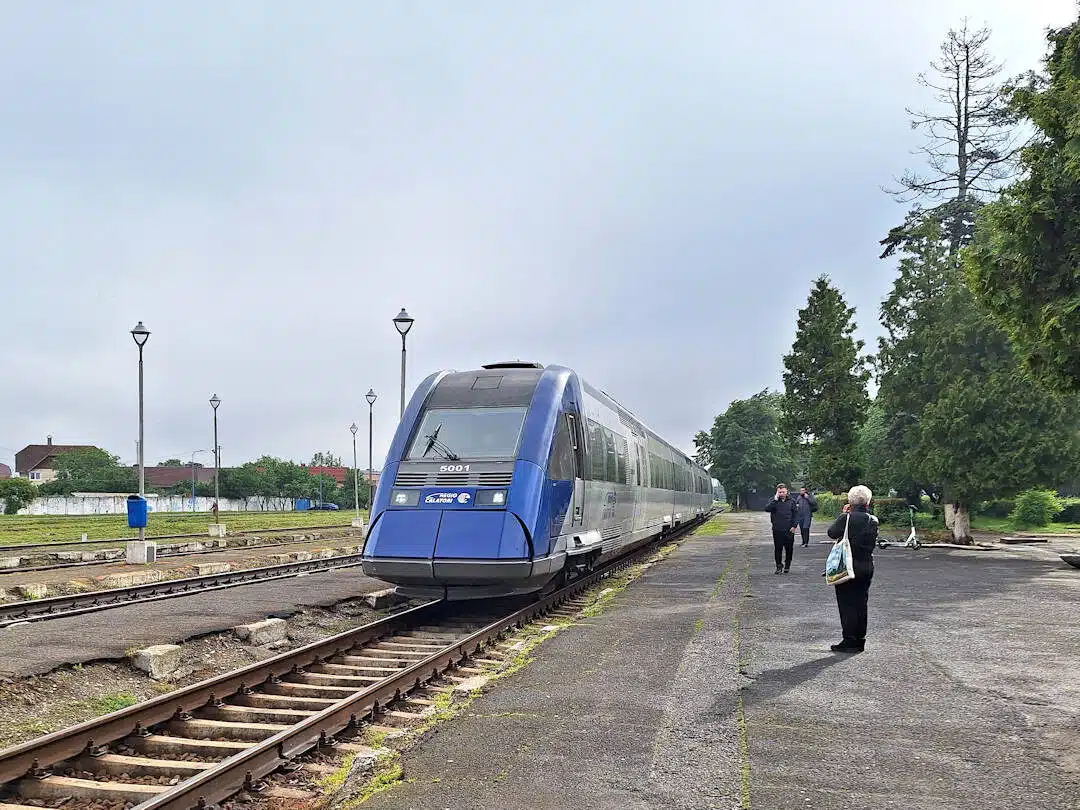 approaching brașov zărnești train Blue and Silver Regional Train Pulling into Zărnești Railway Station with Passengers Waiting