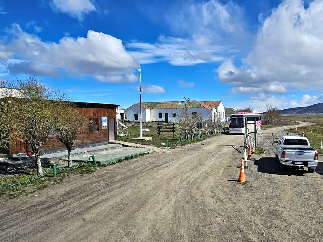 Buildings and vehicles at the Chilean border post near Cerro Castillo on the road to Puerto Natales.