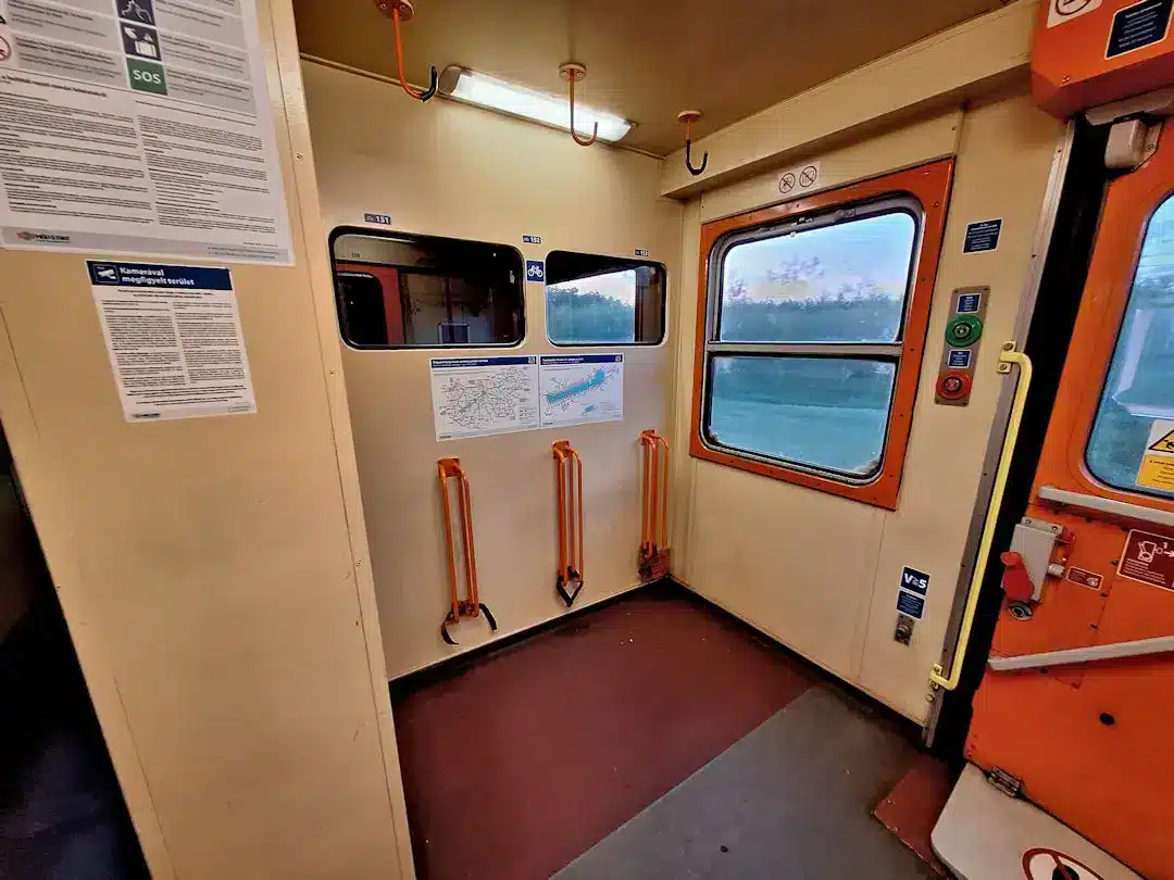 Bike rack on overnight train Inside view of the empty train carriage.