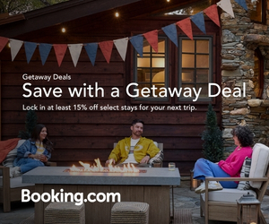 Friends relaxing outside cabin with getaway deal promotion