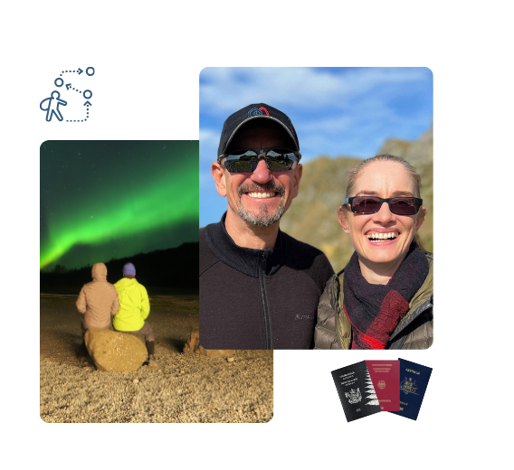 Collage showing Iceland’s landscape, Brisbane skyline, and two passports representing intentional, sustainable travel