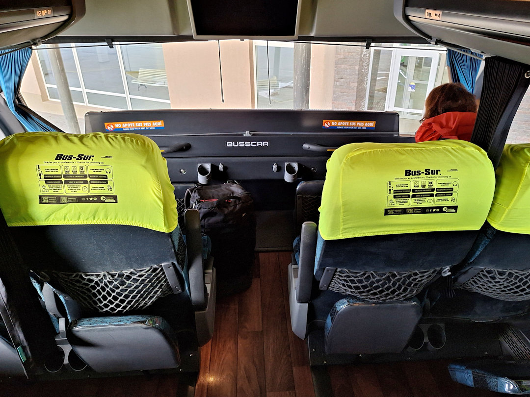 Interior view from the front row of a Bus-Sur coach travelling from El Calafate to Puerto Natales.