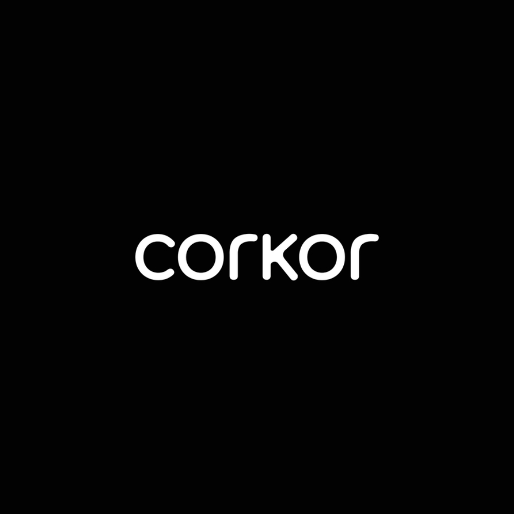 Corkor lowercase wordmark logo in white on black background