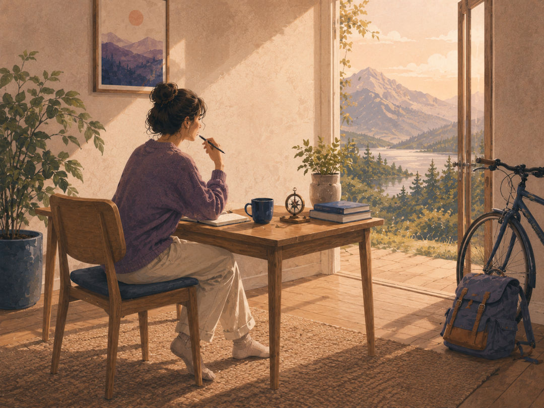 debunking-minimalism Woman writing at desk overlooking mountain lake view