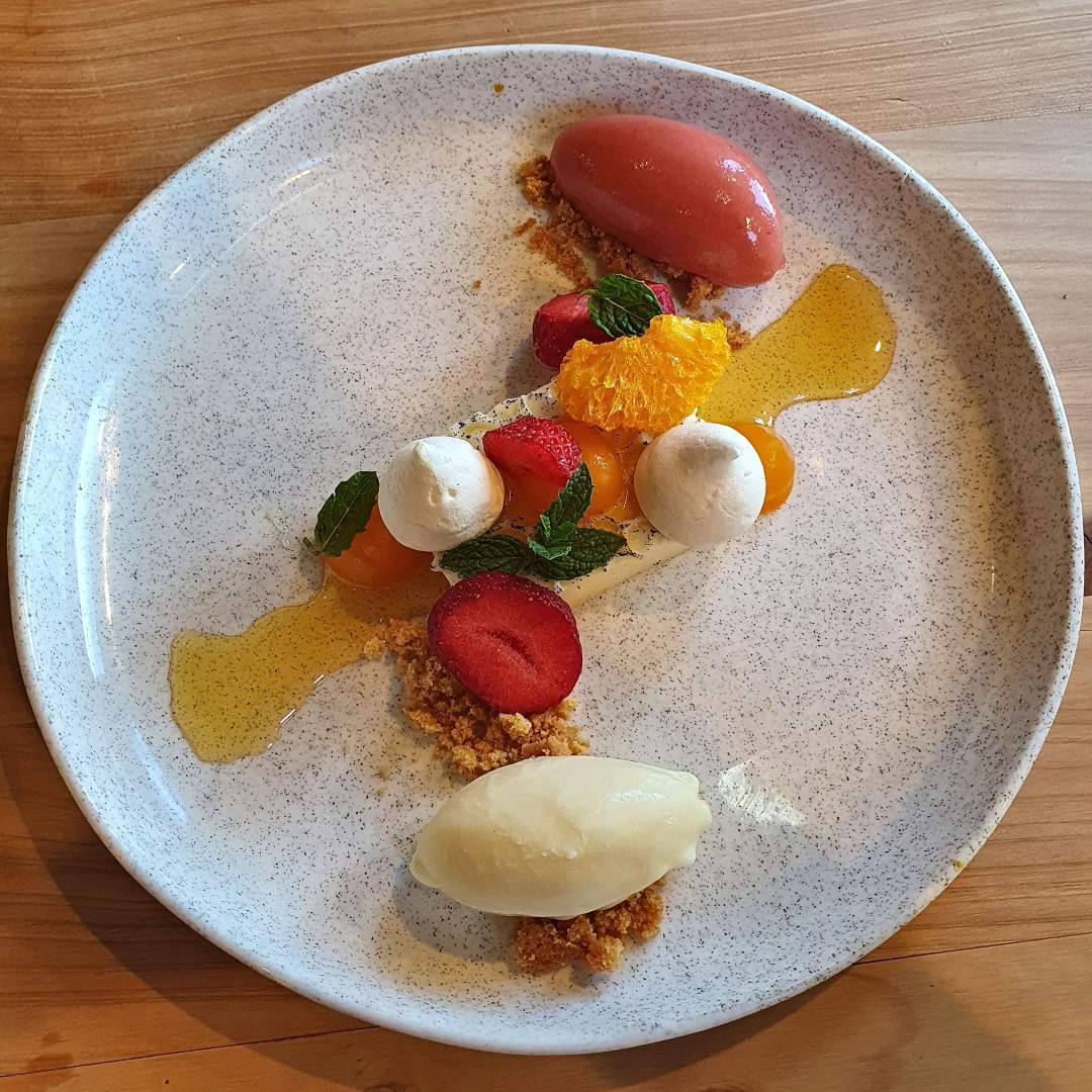 Gourmet plated dessert with sorbet, fruit, and sauce