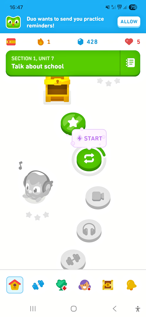 duolingo mobile app ui Screenshot of the Duolingo mobile app showing a lesson screen with practice reminders, progress icons, and a unit titled “Talk about school”