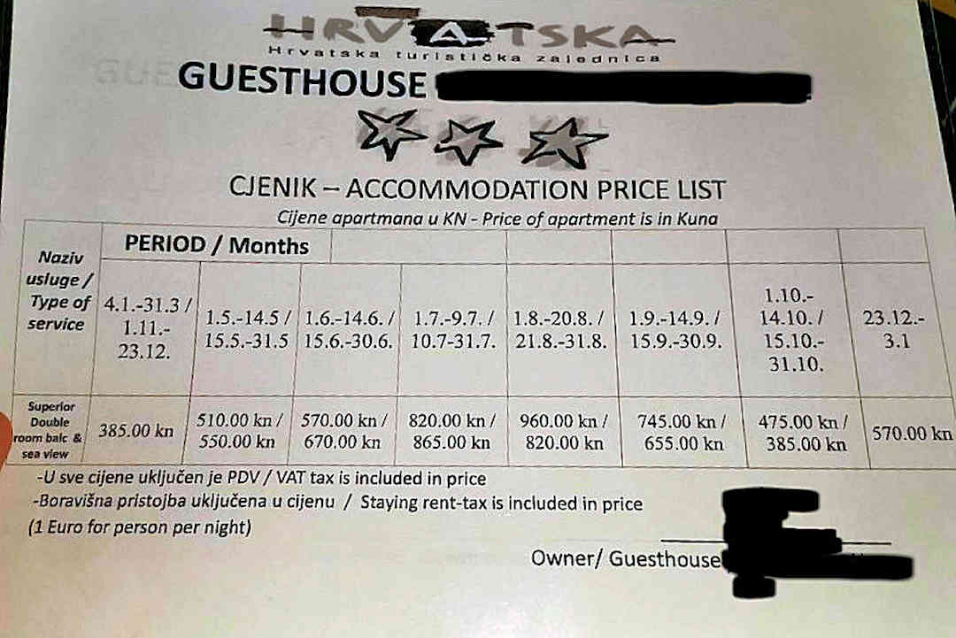 Example for seasonal price fluctuation in Dubrovnik guesthouse