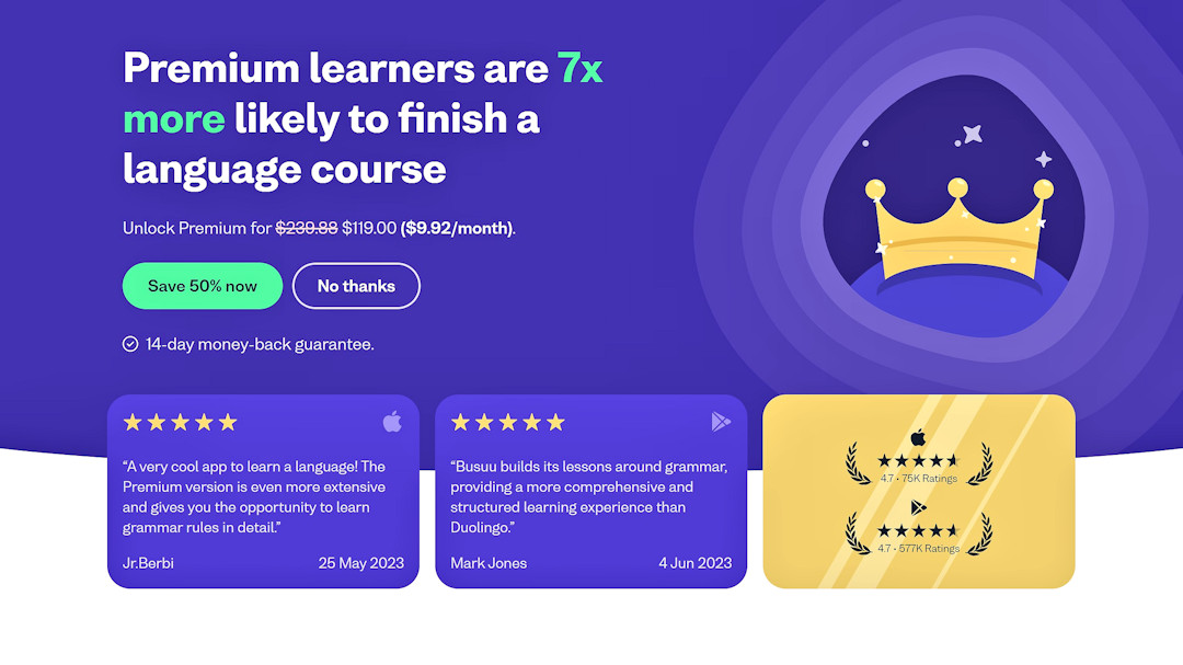 free premium trial and pricing Busuu Premium language learning promotion showing course completion claim and user reviews