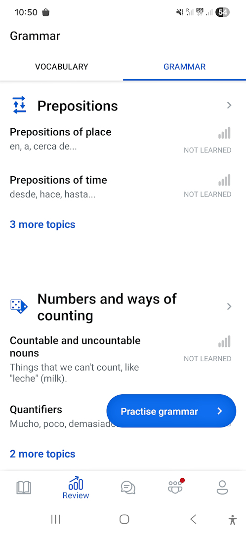 grammar review Screenshot of the Busuu app grammar section listing prepositions, numbers, and counting topics marked as not learned