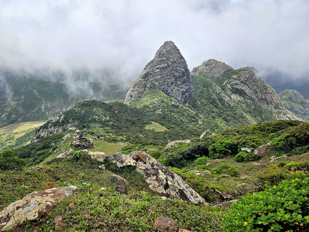 hajhir mountains near adoho demaalah Foggy mountain landscape with green vegetation