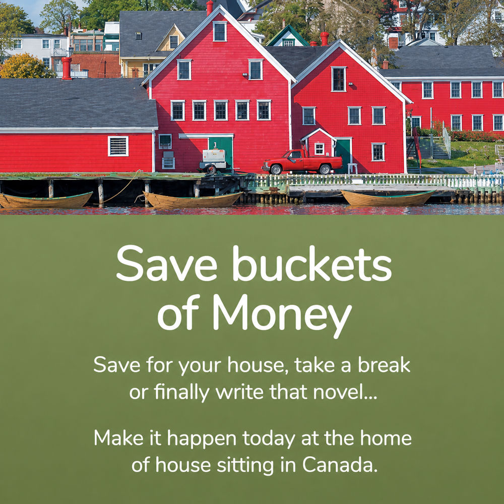 Red waterfront houses with savings advertisement text