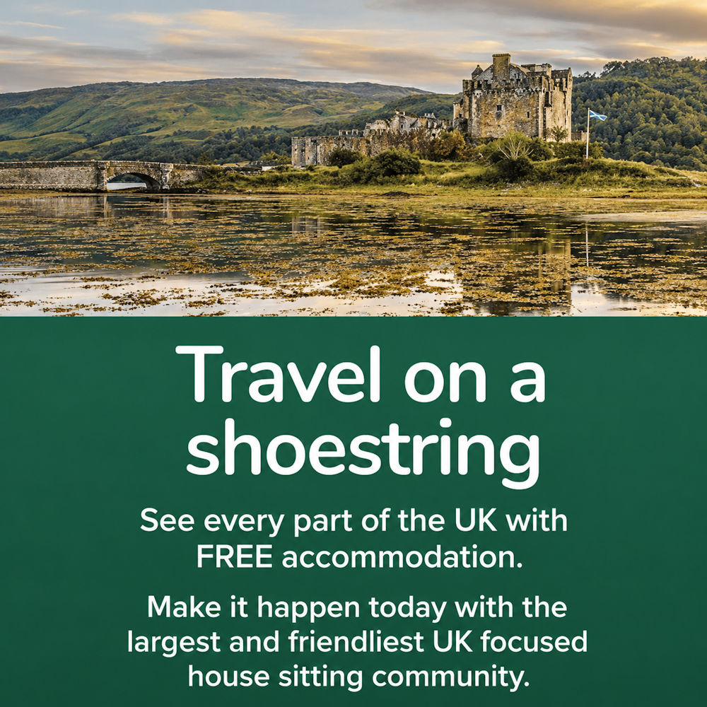 Scottish castle by lake with travel promotion text