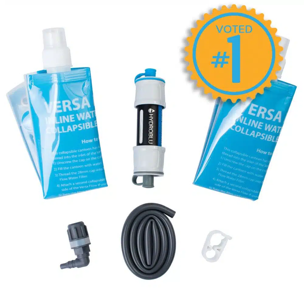 HydroBlu Versa Flow Water Filter Package with two collapsible reservoirs and filter for outdoor use​