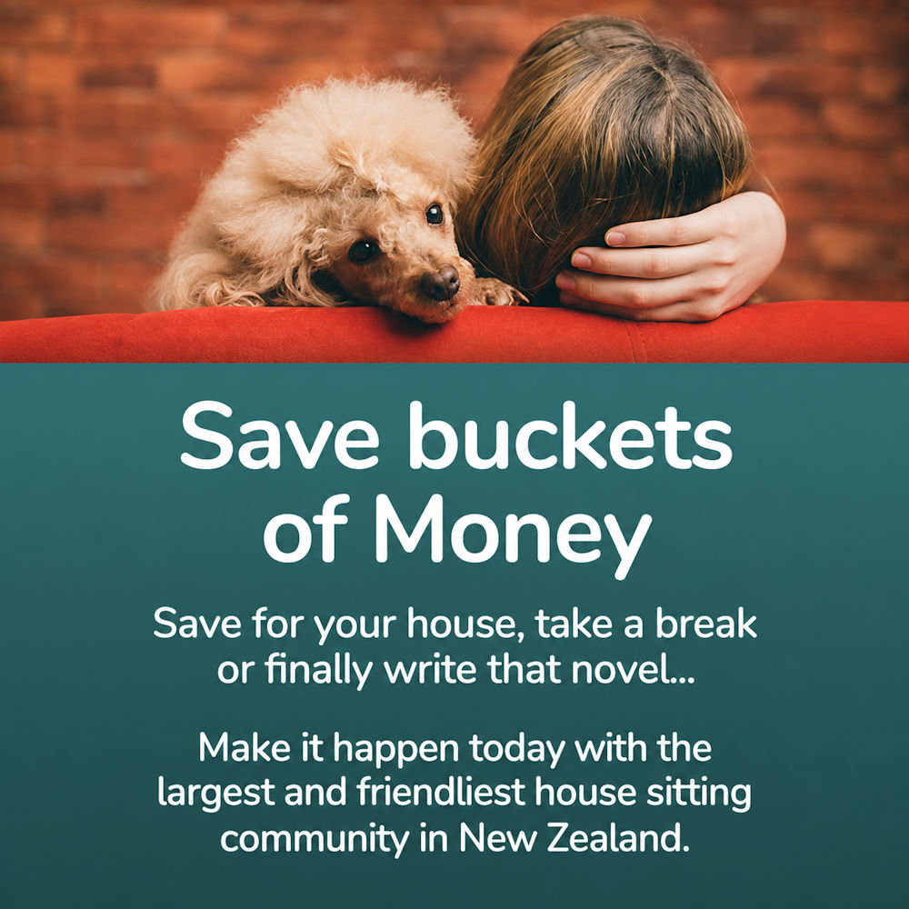 Child and poodle resting above savings advertisement