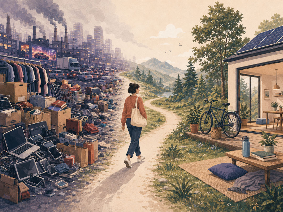 less-stuff-healthier-planet Woman walking from polluted city toward eco-friendly home