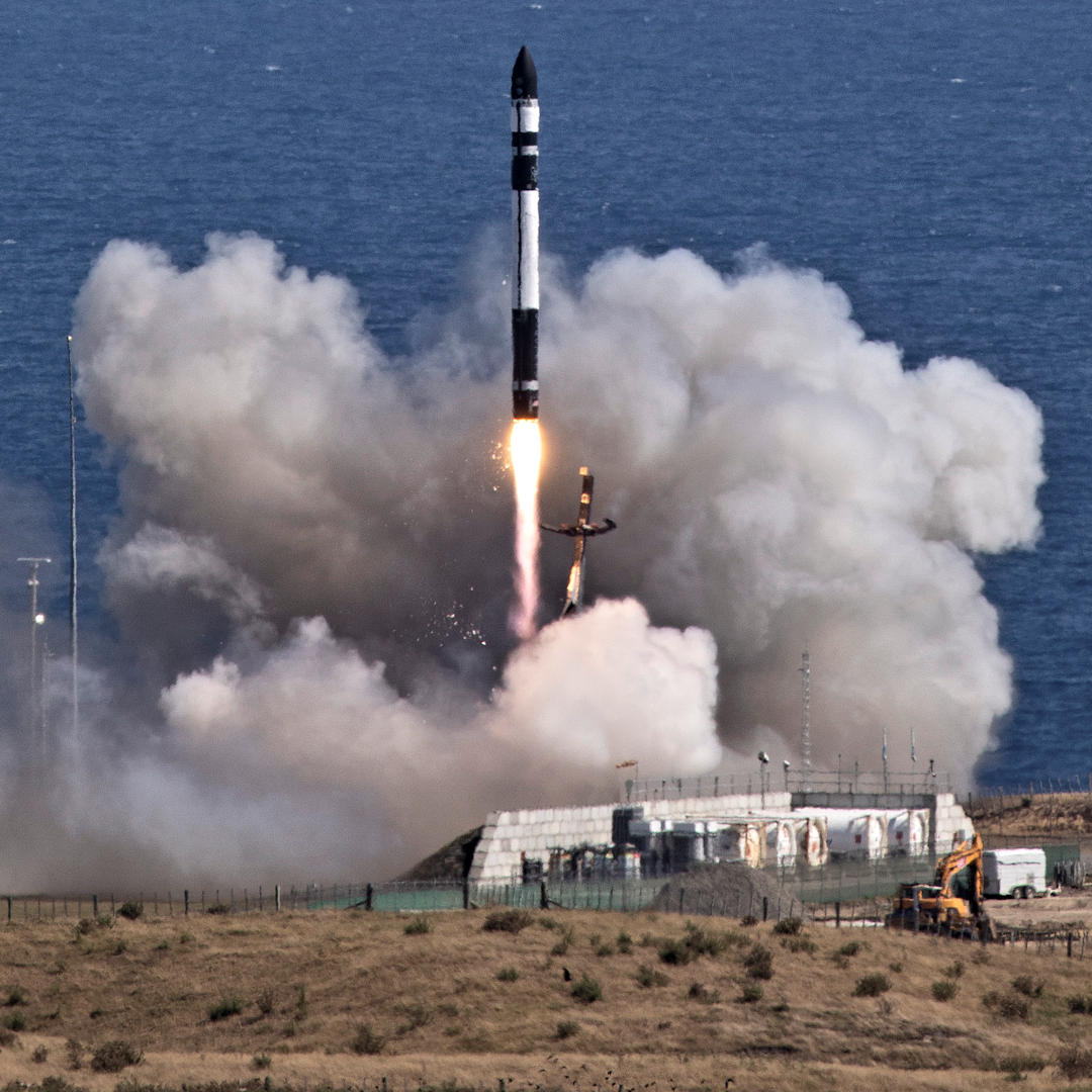 Rocket launching from Rocket Lab base on Mahia Peninsula, New Zealand