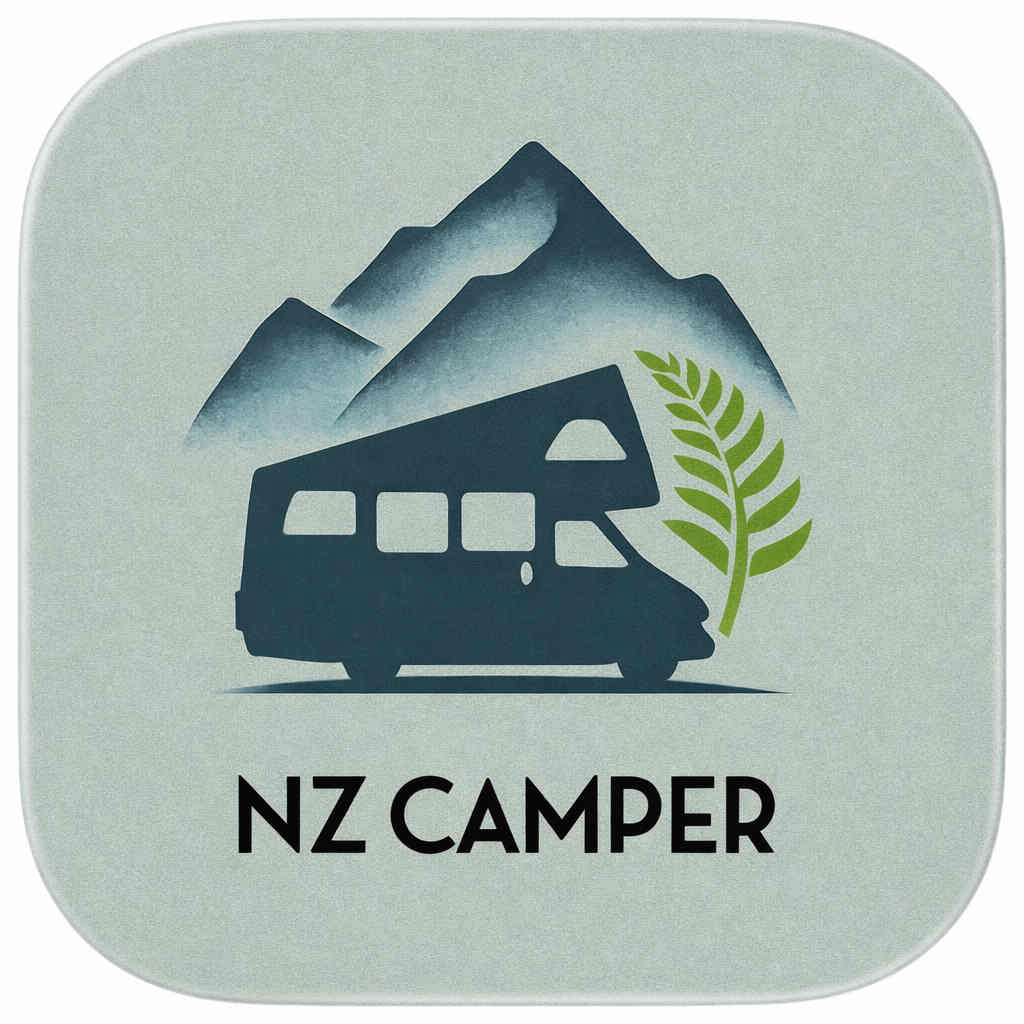 NZ Camper Travel App New Zealand NZ Camper app logo with campervan, mountains and fern