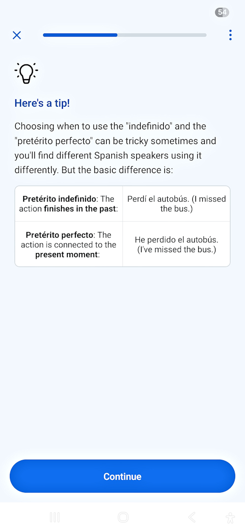 past tense rule Screenshot of a Busuu grammar tip explaining the difference between pretérito indefinido and pretérito perfecto in Spanish