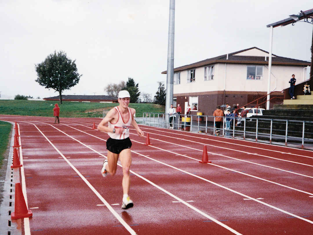 paul finishing papakura half marathon in the 80s