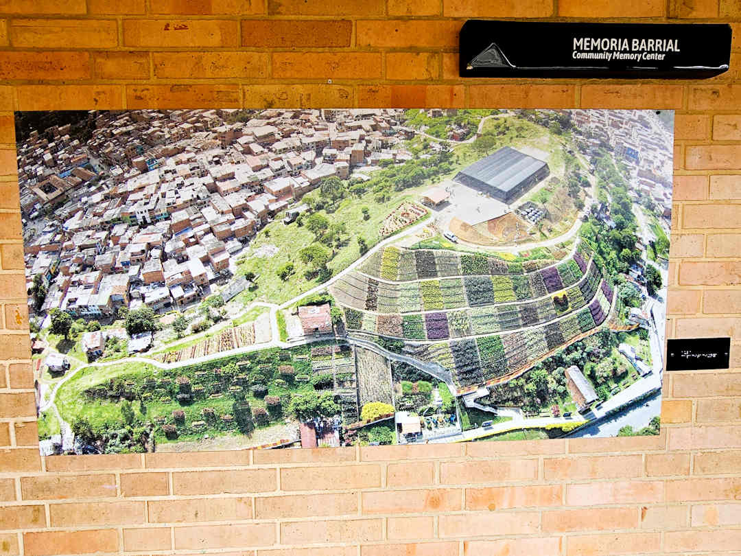 photo of el morro as community garden at cultural development centre Aerial view of El Morro in Moravia transformed from a rubbish dump into a terraced community garden, Medellín