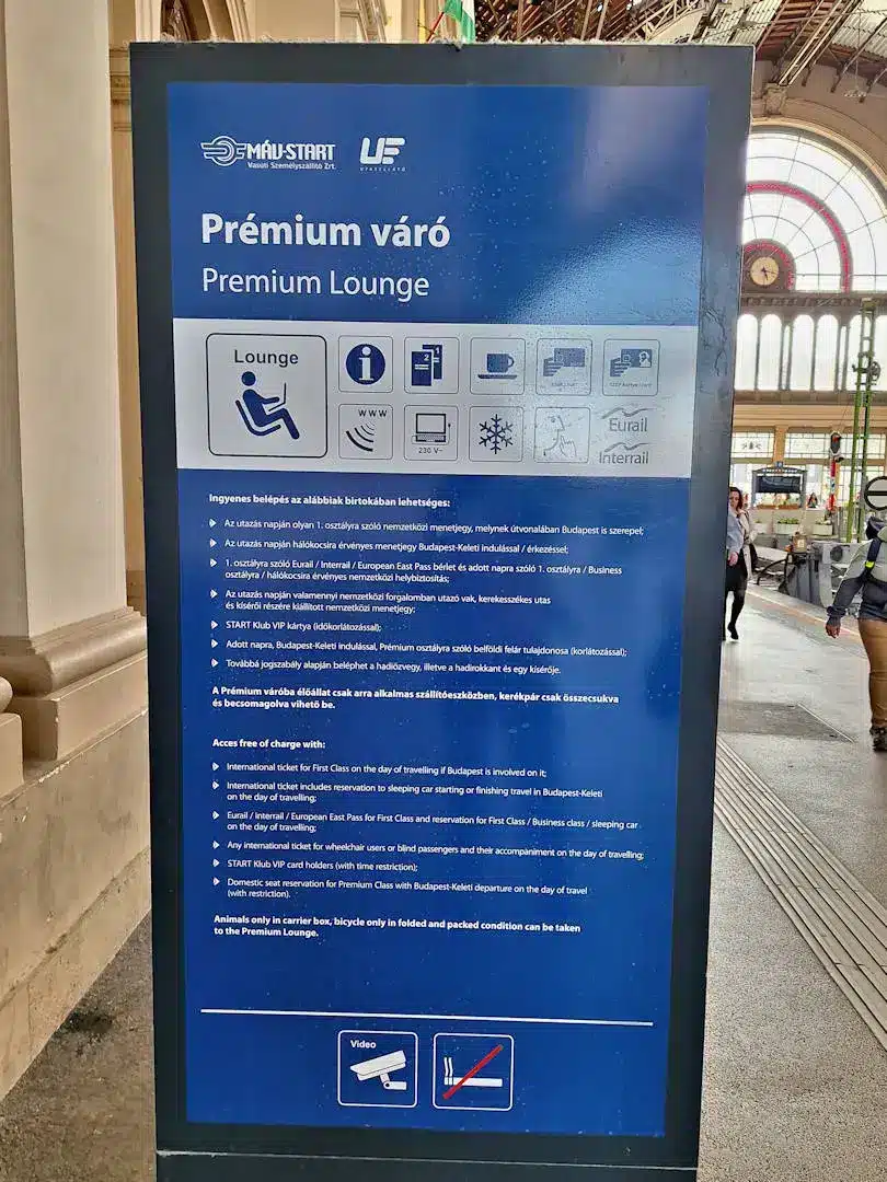 Premium Lounge Sign Budapest Keleti Premium Lounge information board at train station.