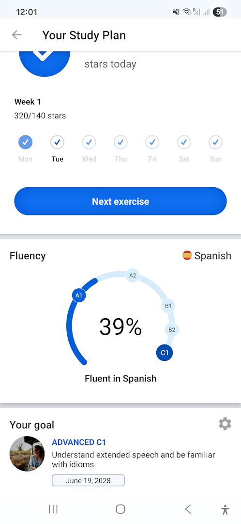 Screenshot of the Busuu app showing a study plan, weekly progress, and Spanish fluency level with CEFR stages