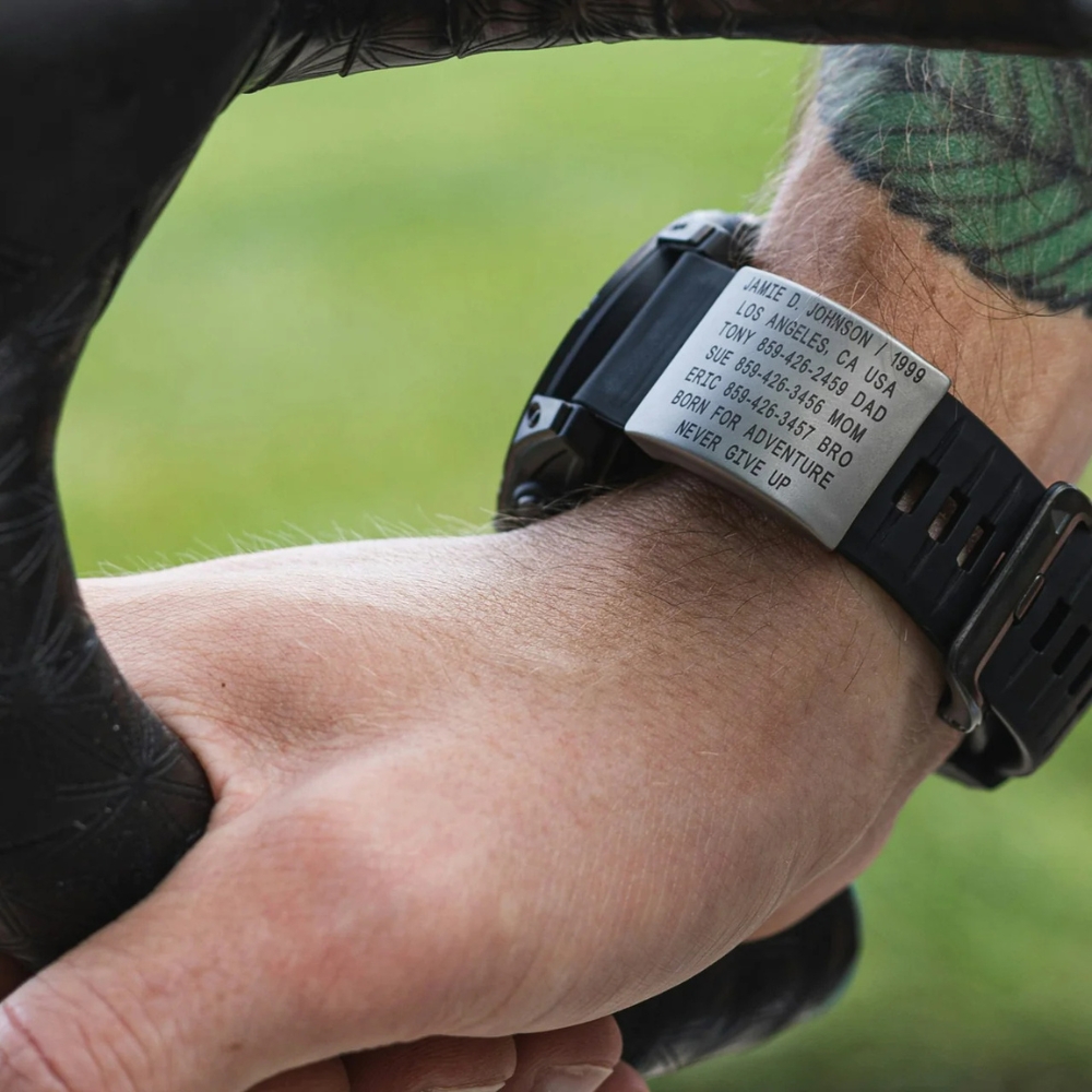 Road iD Garmin Watch ID attached to Garmin strap with engraved emergency contact details