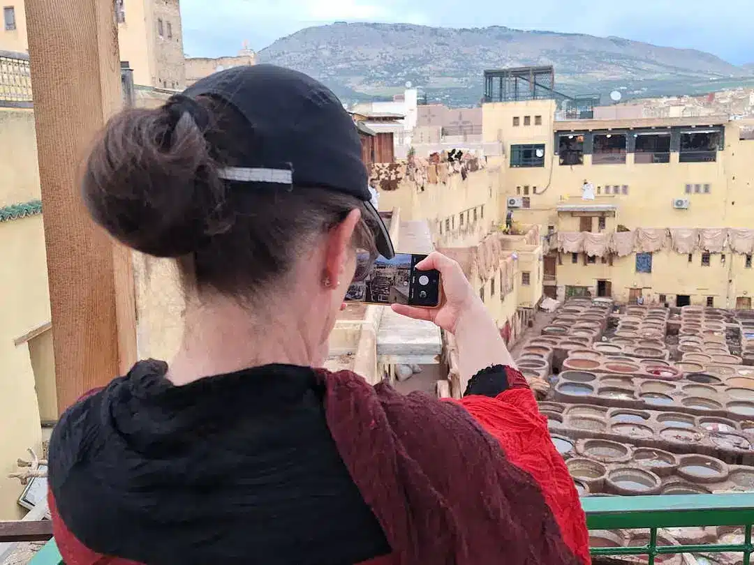 Sandra photographing a tannery in Fez, Morocco