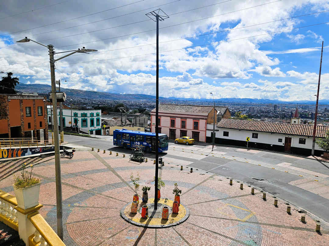 square outside the church of our lady of egypt bogota Plaza in front of the Church of Nuestra Señora de Egipto with views over Bogotá, the meeting point for the Breaking Borders Walking Tour