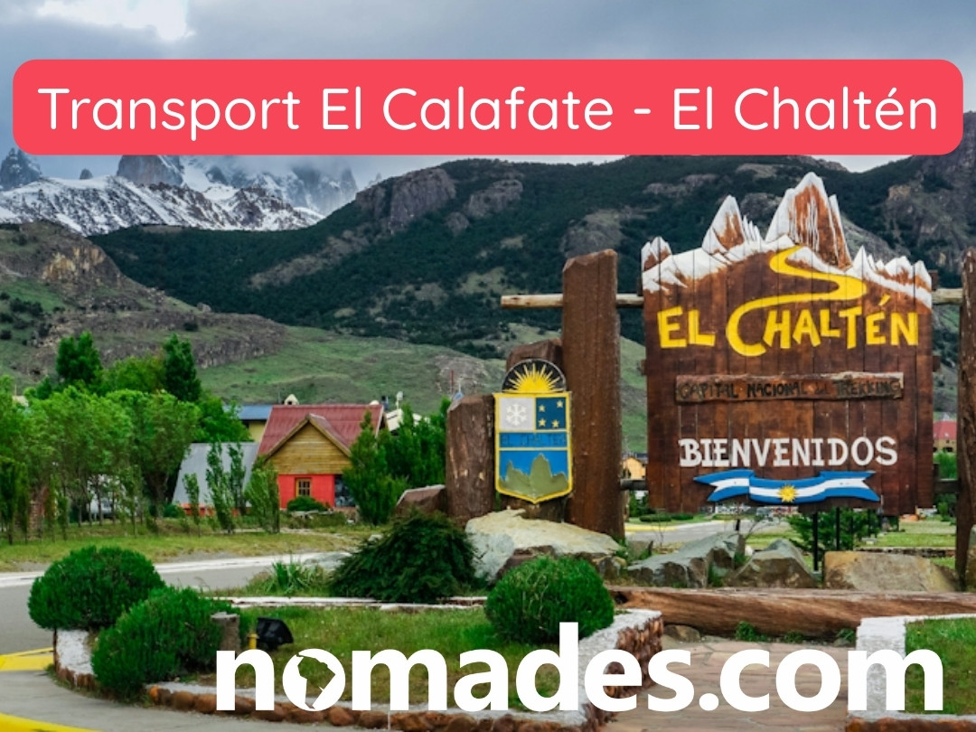 Welcome sign at El Chaltén, the trekking capital of Argentina, surrounded by Patagonian mountains Caption: Travel from El Calafate to El Chaltén by comfortable bus transfer with Nomades.com.