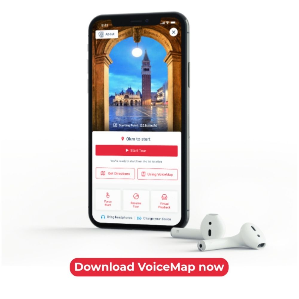 VoiceMap app shown on a phone with earbuds and Download VoiceMap now text