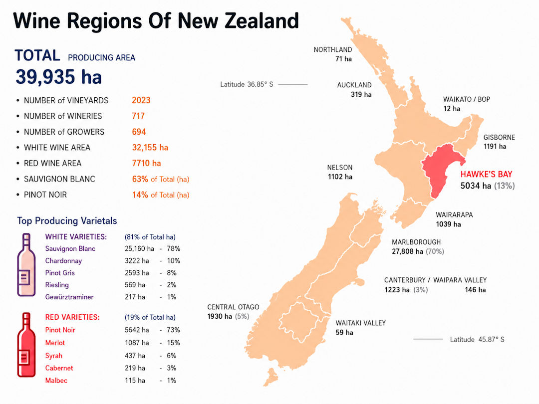 Map of New Zealand wine regions and statistics