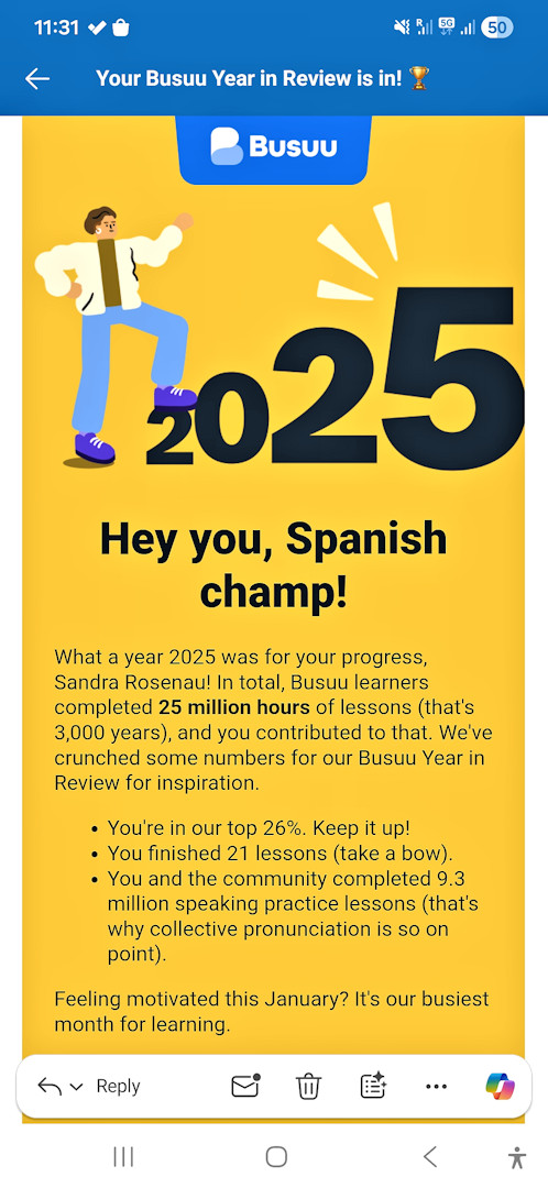 year in review Screenshot of the Busuu Year in Review 2025 screen highlighting Spanish learning progress and completed lessons